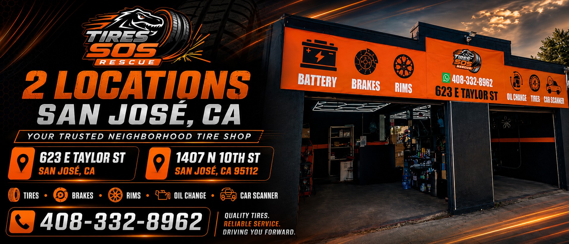 Tires SOS Rescue storefront at 623 E Taylor St, San Jose, CA